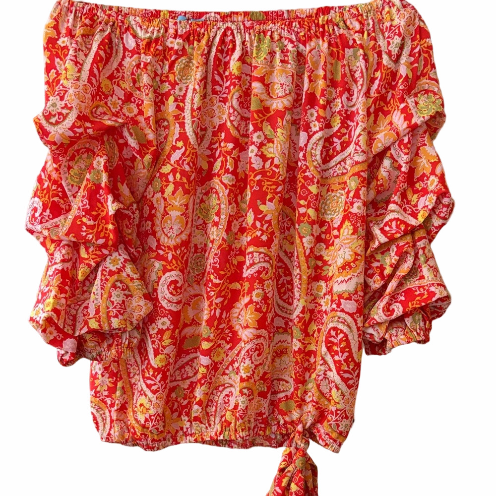 Off shoulder blouse Orange yellow white paisley with tiered sleeves by CeCe. S